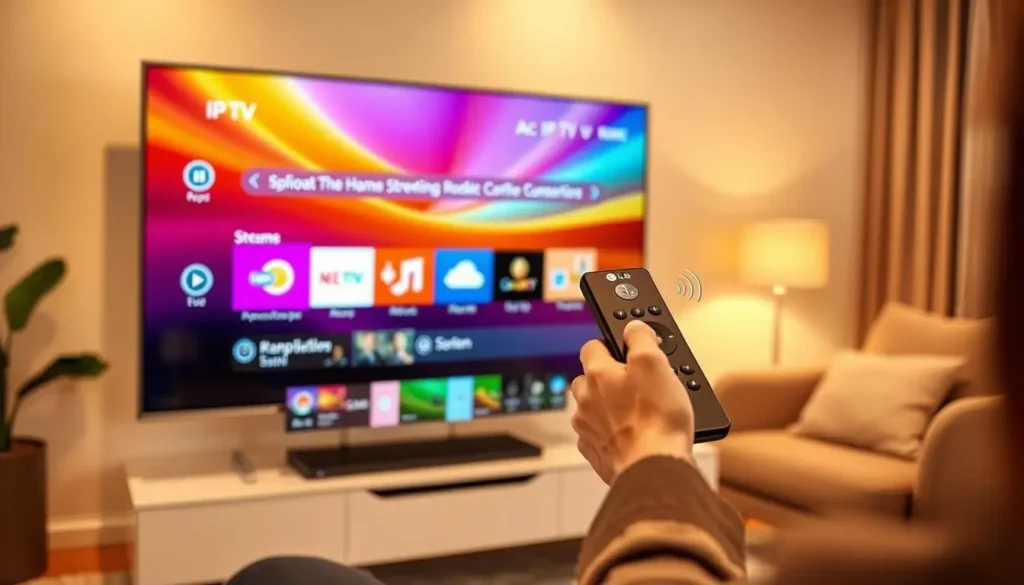 a person holding a remote control in front of a IPTV LG